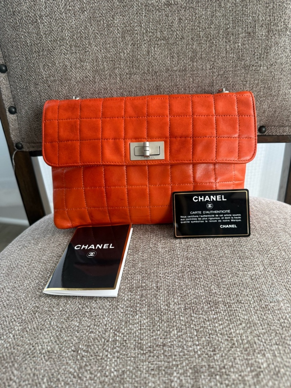 CHANEL Orange Quilted Flap Shoulder Bag with Silver Hardware